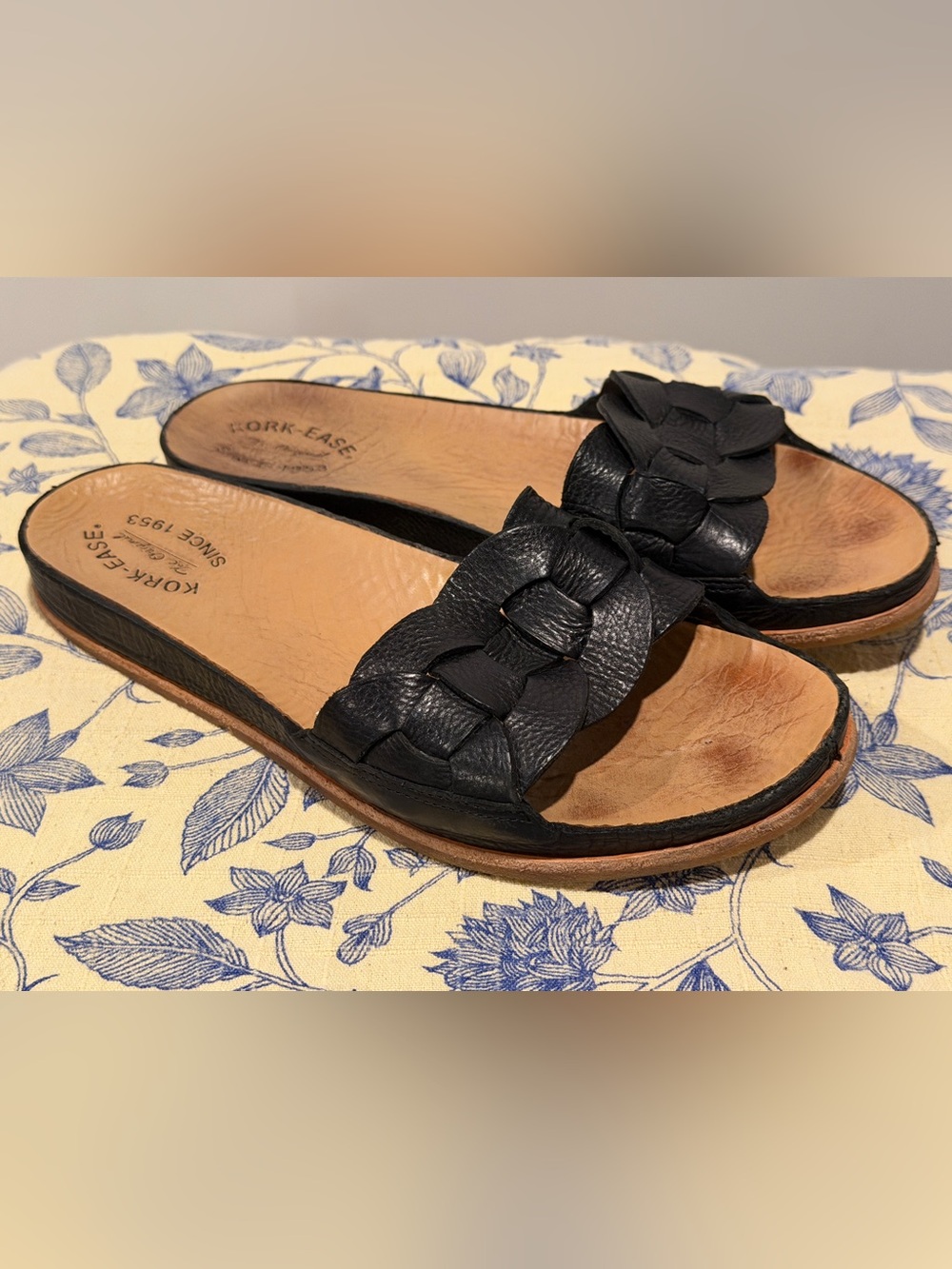 Kork-Ease Dolphin Black Leather Braided Slide Sandals Women's Size 10